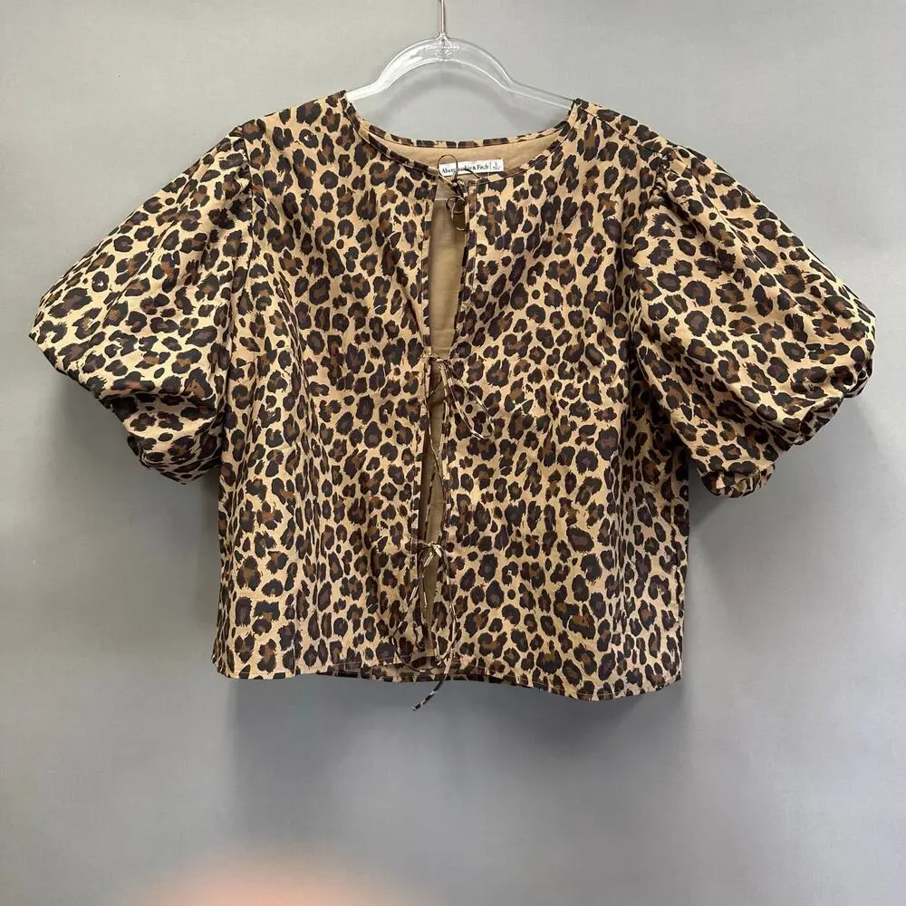 Abercrombie‎ & Fitch Short-Sleeve Tie-Front Top Leopard Print Size Large NWT